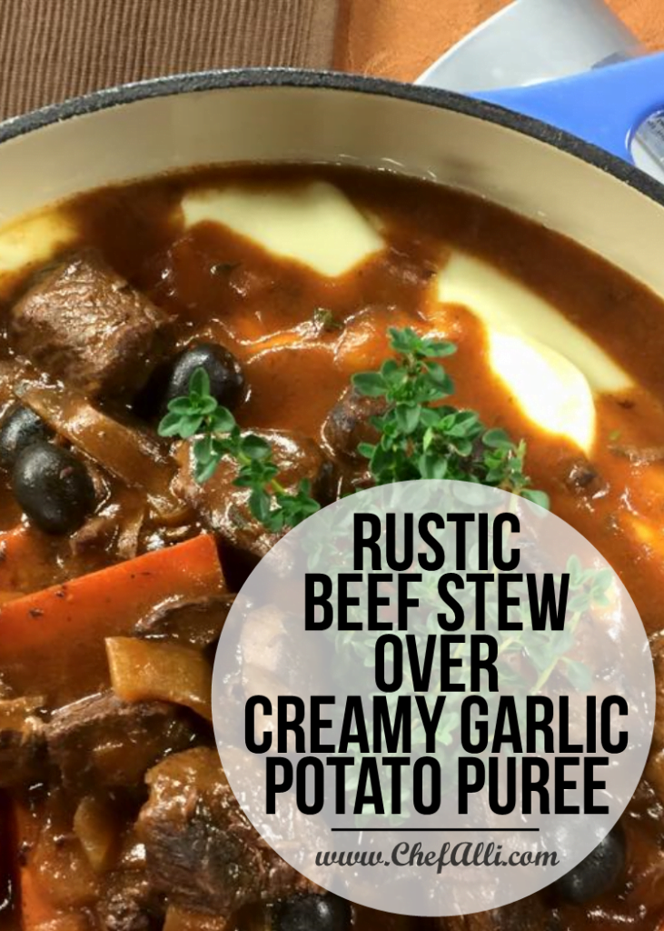 Rustic Beef Stew over Creamy Garlic Mashed Potatoes