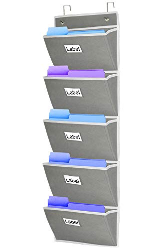 Over The Door Hanging File Organizer,Wall Mount File Folder Holder Pocket Chart for Magazine,Notebooks,Planners,Mails,5 Extra Large Pocket Light Gray