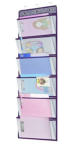 Onlyeasy Over The Door Fabric Office Supplies Storage Organizer - Foldable Hanging Organizer for Bedroom Baby Room Office, 17.7" x 50.4", 6 Transparent Pockets, Purple Terry, 7MXPPZ06C