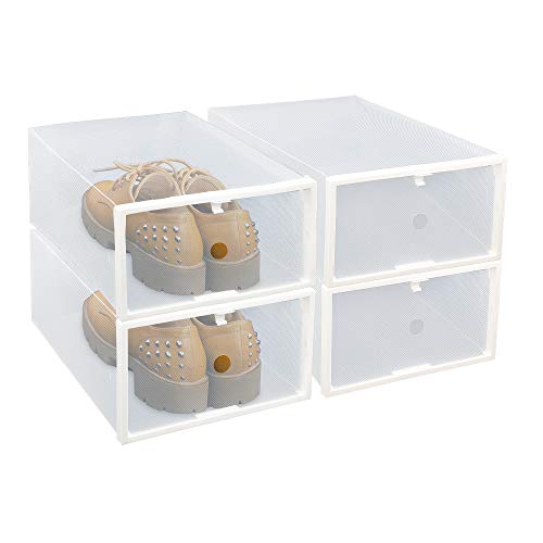 FIXSMITH Clear Plastic Shoe Storage Boxes- Foldable Shoe Containers 4 Pack,Stackable Shoe Cases w/White Frame,Back to School,Transparent Shoe Organizer Boxes for Closet,Shelf,Deck&More,Multi-Purpose.