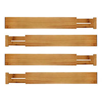 Bamboo Drawer Dividers (Set of 4) - Expandable Drawer Separators - Custom Fit Wooden Drawer Organizer - Spring Adjustable Storage Organizer for Kitchen Utensils Bedroom Dresser Desk Drawer Tray