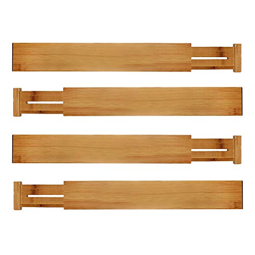 Bamboo Drawer Dividers (Set of 4) - Expandable Drawer Separators - Custom Fit Wooden Drawer Organizer - Spring Adjustable Storage Organizer for Kitchen Utensils Bedroom Dresser Desk Drawer Tray