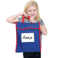 Discover the really good stuff store more large book pouches send home books and homework in durable fabric book bag stitched on handle clear name tag pocket primary colors 12x1x15 set of 36