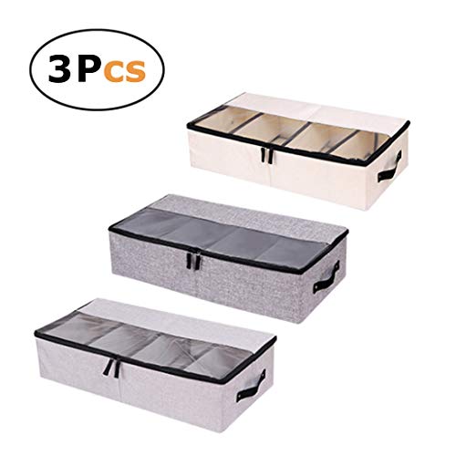 In kds Clothes Shoes Organizer Multifunction Foldable Under The Bed Storage Box with Dust-Proof Lid 4 Compartment 3Pack