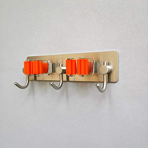 Togu Self Adhesive Mop and Broom Holder SUS 304 Stainless Steel Storage Rack Holder 2 Position 3 Hooks Weatherproof for Garage Storage Systems Broom Organizer,Brushed Finish,2 Pack