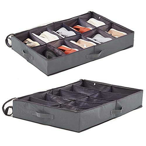 EZOWare 2 Pack Underbed Shoes Storage Bins 10 Pairs Shoes Under Bed Closet Fabric Storage Organizer Box Container Holder - Gray