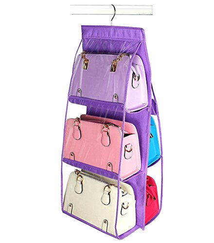 Vercord 6-Pocket Hanging Purse Handbag Tote Storage Holder Organizer Dust-Proof Closet Wardrobe Hatstand Space Saver, Purple