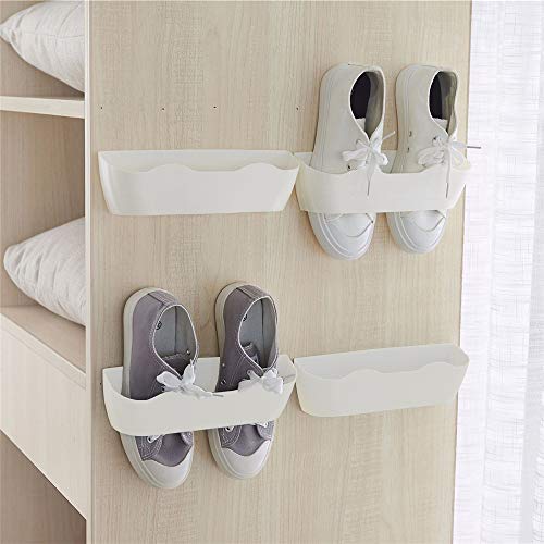 Yocice Wall Mounted Shoes Rack 4pcs with Sticky Hanging Strips, Plastic Shoes Holder Storage Organizer,Door Shoe Hangers (White- SM02(4PCS))