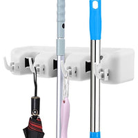 SAVORLIVING Broom Holder Garden Tool Organizer with 3 Position 4 Hooks Broom Mop Holder Storage Organization Non-Slip for Garage, Kitchen, Basement, Laundry (White)