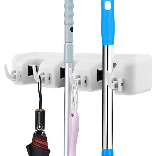 SAVORLIVING Broom Holder Garden Tool Organizer with 3 Position 4 Hooks Broom Mop Holder Storage Organization Non-Slip for Garage, Kitchen, Basement, Laundry (White)