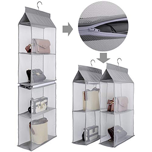 Aoolife Hanging Purse Handbag Organizer,Clear Hanging Shelf Bag Collection Storage Holder-Dust-Proof Closet Wardrobe Hatstand Space Saver,4 Shelf?Grey?