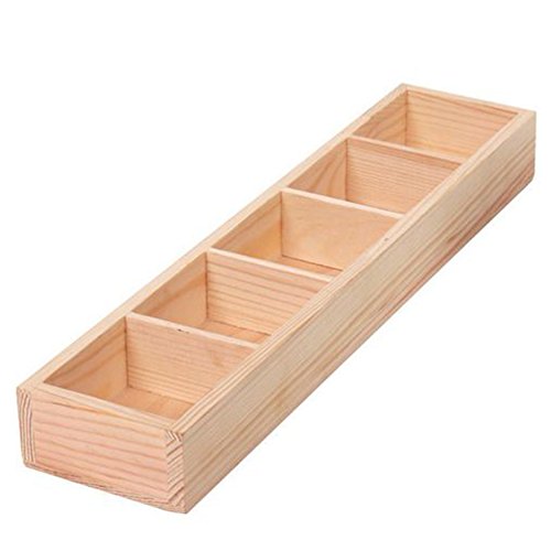 YOEDAF 5-Grid Wooden Storage Box, Succulent Plant Fleshy Flower Pot Box Compartments Divider Drawer Desk Organizer Tray Decorative Containers(33.5×7.5×3.5cm)