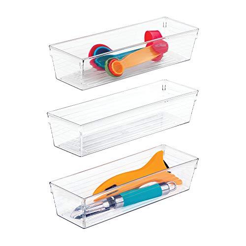 iDesign Sierra Plastic Drawer Organizer, Storage Container for Silverware, Utensils, Kitchen Gadgets in Pantry, Cabinets, Countertops, 3" x 9" x 2", Set of 3 - Clear