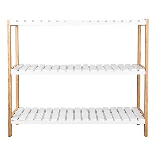 TopHomer 3 Tiers Bamboo Shoe Rack Bench Stand Shelves Organization Holder Bathroom Shelf Unit White Natural Hallway Entryway