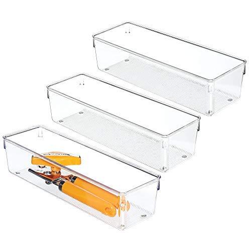 Kitchen Drawer Organizer for Silverware, Spatulas, Gadgets - Pack of 3, 4" x 12" x 3", Clear