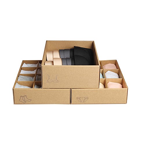 Fankeshi Kraft Paper Closet Underwear Organizer, Foldable Storage Box Drawer Divider Kit Set of 3 (3 Pices (9 Gird))