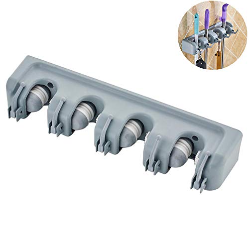 Symphony Mop and Broom Holder, 4 Position 5 Hooks Multipurpose Wall Mounted Organizer Storage Hooks for Kitchen Garden Garage (Gray, M)
