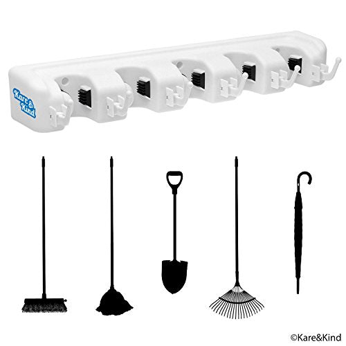 Broom Holder - Wall Mount Tool Organizer Rack - 5 Slots with Automatic Handle Grips - Perfect for Brooms, Mops, Dusters, Rakes, Shovels, etc. - 6 Foldable Hooks for Smaller Tools/Cloths