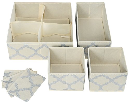 Set of 4 Organizer Bins with Dividers for Closet Dresser Drawer Inserts Bathroom Dorm or Baby Nursery; Store Socks Underwear Clothes; Clothing Organization; Organizador de Closet; (Set of 4, Beige)