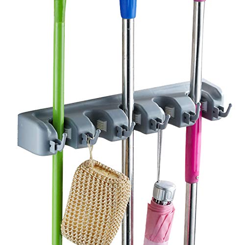 DIY SHELVES Mop Broom Holder Garden Tools Wall Mounted Organizer Storage Rack for Garage, Commercial Laundry Room and Garden(5 Position with 6 Hooks)