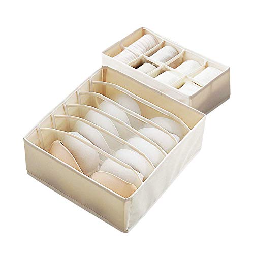 UUJOLY Drawer Organizer Foldable Dresser Drawer Organizer Storage Box Divider Storage Box Room Organization for Underware, Bra, Ties, Belts, Socks, Lingerie, Closet, Wardrobe, 2 Sets, Beige (6&8 cell)