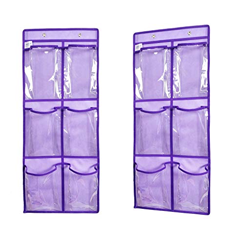 ANIZER Over The Door Hanging Shoe Organizer Narrow Closet Door Shoe Storage 6 Large Clear Pockets Chart 2 Pack (Purple)