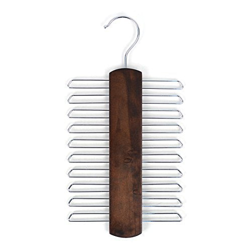 UMO Lorenzo Premium Wooden Necktie and Belt Hanger, Walnut Wood Center Organizer and Storage Rack with a Non-Slip Finish - 20 Hooks