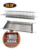 Kitchen Hardware Collection 2 Tier Cabinet Dish Drying Rack Stainless Steel 26.18 Inch Length 24 Dish Slots Kitchen Plate Bowl Utensils Cups Draining Rack Organizer with Drainboard