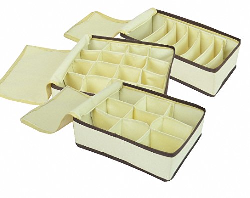 uxART Socks Ties Bra Underwear Organizer Drawer Divider with Zipper Cover 3 Set,Closet Oxford Dustproof Storage Box - Beige