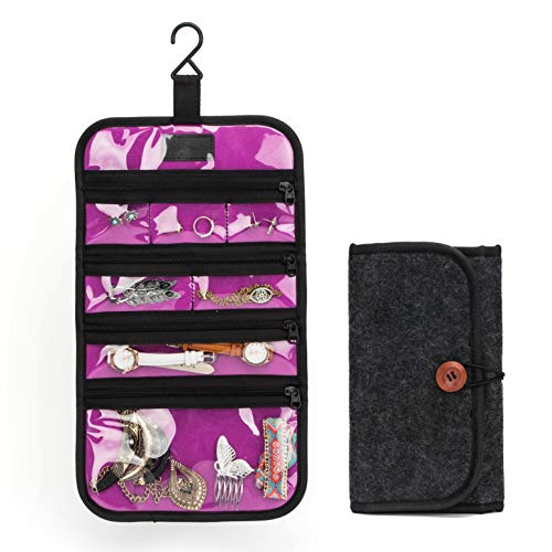 PACMAXI Travel Jewelry Organizer Roll for Necklace, Earrings, Rings, Bracelets, Hanging Jewelry Bag with Zippered Compartments