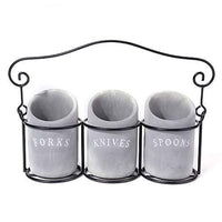 Kitchen Utensil Holder Set (4 Pieces) - 3 Cement Utensil Crocks & 1 Portable Wire Caddy - Embossed Design-Organize Your Flatware & Silverware with Ease (Round)