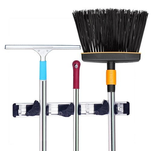 SUNUNICO Mop Broom Holder, Wall-Mounted Garden Tool Organizer, Garage Storage & Organization Hangers with 3 Position 4 Hooks, Perfect for Garage Kitchen Basement Laundry Room (Black)