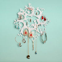 Bay Area Housewares Jewelry Organizer Wall Display for Hanging Rings, Necklaces, Earrings – Girls Fairy Tale, Flowers, Magical “Disney” Like, Victorian, Whimsical Jewelry Holder – White