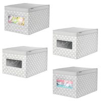 mDesign Soft Stackable Fabric Closet Storage Organizer Holder Box - Clear Window, Attached Hinged Lid, for Child/Kids Room, Nursery, Playroom - Polka Dot Print - Large, 4 Pack - Gray with White Dots