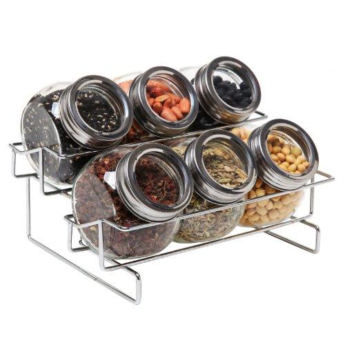 MyGift Metal Spice Container Rack with 6 Glass Jars with Lid, 6-oz Jars
