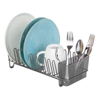 mDesign Compact Modern Kitchen Countertop, Sink Dish Drying Rack, Removable Cutlery Tray - Drain and Dry Wine Glasses, Bowls and Dishes - Metal Wire Drainer in Graphite Gray with Smoke Caddy