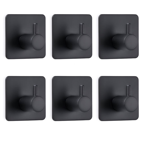 Sumnacon Stainless Steel Coat Towel Hooks, 3M Self Adhesive Closets Clothes Key Rack, 6 Pack Heavy Duty Contemporary Utility Hook for Bathroom Kitchen Bedroom Office, Matte Black Finish