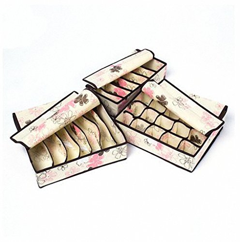 uxART Socks Ties Bra Underwear Organizer Drawer Divider with Cover 3 Set,Closet Non Woven Foldable Dustproof Storage Box - Beige Floral