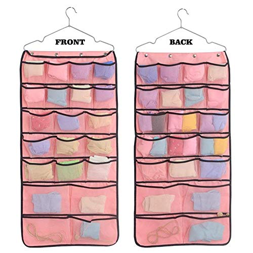 Dual-Sided Hanging Closet Organizer?Sock Organizer, Jewelry Hanging Bag for Stockings, Underwear, Toiletries, Household & Children Accessories, 42 Mesh Pockets Oxford Fabric Organization (Pink)
