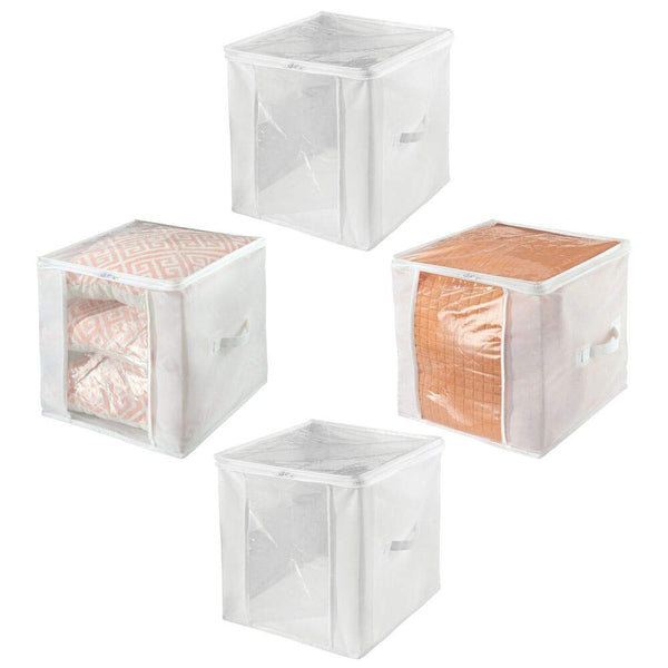 mDesign Soft Fabric Closet Storage Organizer Zipper Bag, Large Cube - Clear Window, Attached Lid - Zipper Closure, Handles for Bedroom, Hallway, Entryway Closets Organizing - 4 Pack - Clear/White