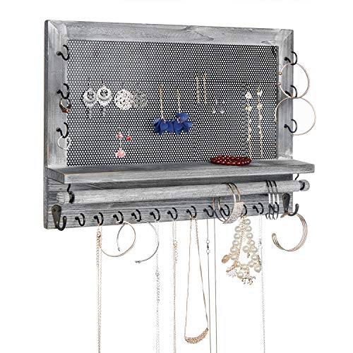 VERGOODR Rustic Wood Jewelry Organizer Wall Mounted,Wooden & Metal Mesh Wall Mount Organizer Rack,Holder for Jewelry Such as Earrings,Necklaces,Bracelets