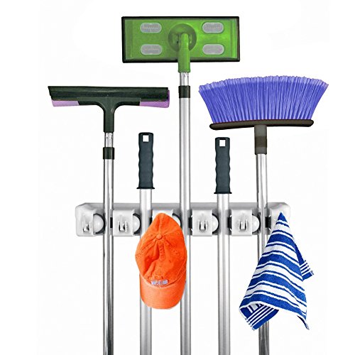 Broom MOP Holder,Multi-purpose Garage Storage Hooks Wall Mounted Organizer Hanger Rack Tool with 5 Position 6 Hooks,Perfect for Garage,Kitchen, Basement or Laundry Room