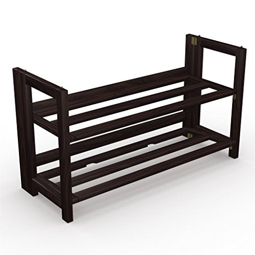 Stony-Edge No Assembly Folding Shoe Rack Organizer, 2 Shelves, Home Shoe Storage Bench, Quality Furniture. Espresso Color. 28” Wide.