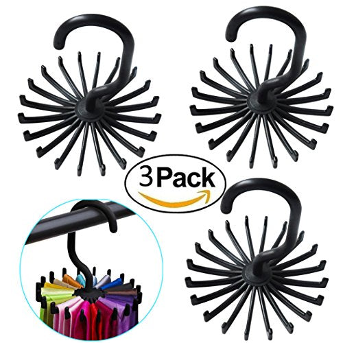 Inkach 3pack Tie Belt Rack Hanger Scarf Holder 20 Hooks for Closet Organizers Space Saver (Black)