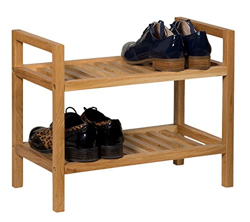 Solid Wood Oak Shoe Rack Organizer with 2 Shelves Hallway Wooden Small Stackable Shoes Storage Stand 2 Tier Fits 4 Pairs Rustic Country Farmhouse Design Space Saving Hall 2 Tiers Home Durable Brown