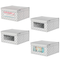 mDesign Soft Stackable Fabric Closet Storage Organizer Holder Box - Clear Window and Lid, for Child/Kids Room, Nursery, Playroom - Polka Dot Print - Medium, 4 Pack - Light Gray with White Dots