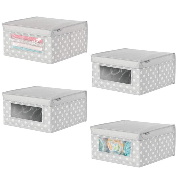 mDesign Soft Stackable Fabric Closet Storage Organizer Holder Box - Clear Window and Lid, for Child/Kids Room, Nursery, Playroom - Polka Dot Print - Medium, 4 Pack - Light Gray with White Dots
