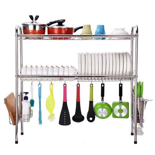 2-Tier SUS304 Stainless Steel Adjustable Dish Drying Rack Utensil Holder,Over the Sink Kitchen Storage Shelf (Double Groove) …