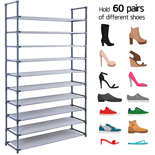 10 Tiers Shoe Rack Stackable Narrow Expandable For 60 Pairs Shoes Non-Woven Fabric Shoe Storage Organizer Cabinet Tower Shelf Space Saving DIY Assembly No Tools Required Hold High Heeled Shoes Flats