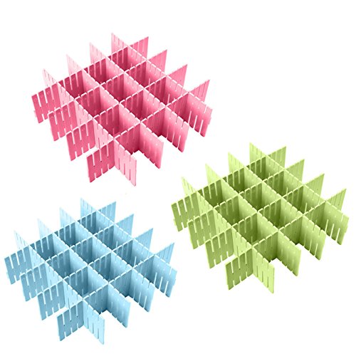 Coralpearl Plastic Desk DIY Grid Drawer Dividers Adjustable Tidy Closet Shelf Storage Organizers for Purses,Ties,Tshirts,Pens,Bras,Sock,Underwear,Scarves,Makeup,Kitchen Cutleries (Blue+Green+Pink)